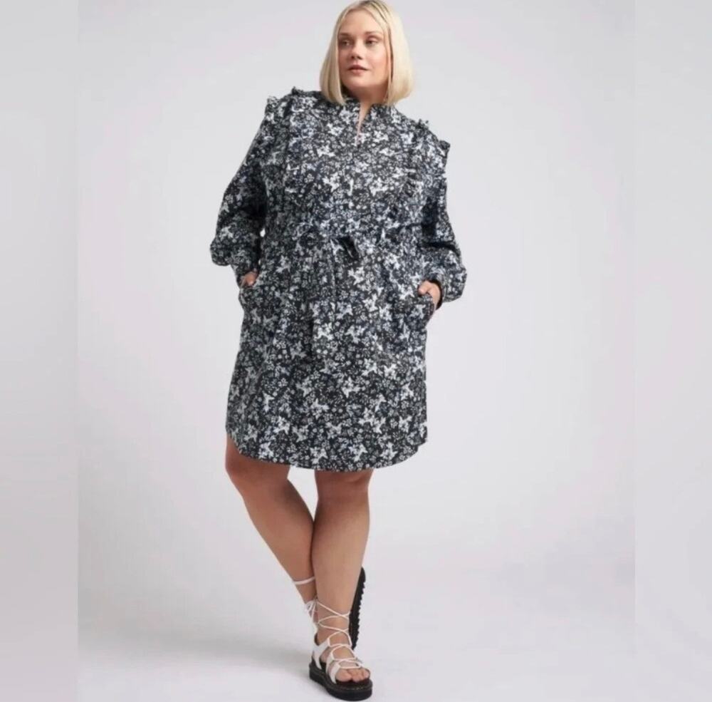 Erdem x Universal Standard Primrose Ruffle Shirt Dress Black Blue Floral Sz Sm